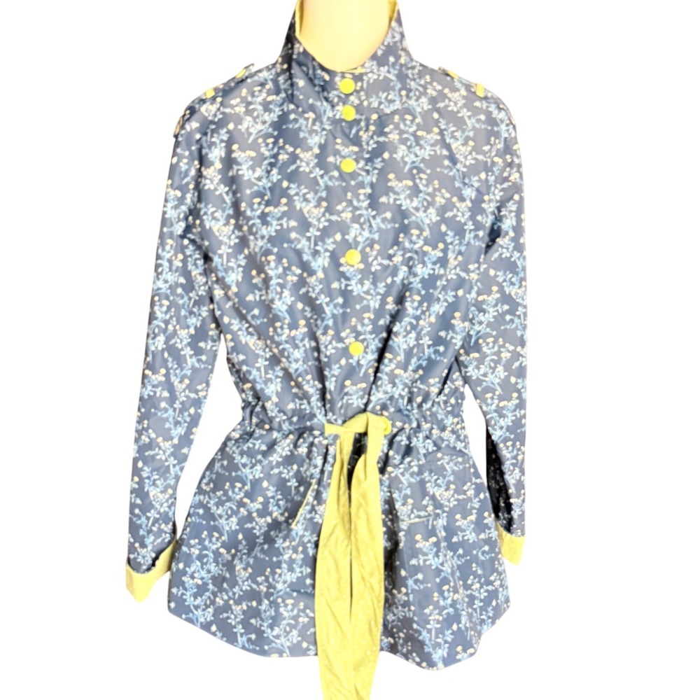 Matilda Jane Blue Floral Rain Jacket Yellow Trim Belted Utility Coat Womens L
